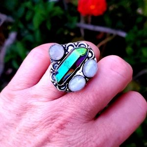 New Rainbow Hematite & Rainbow Moonstone 925 Silver Ring